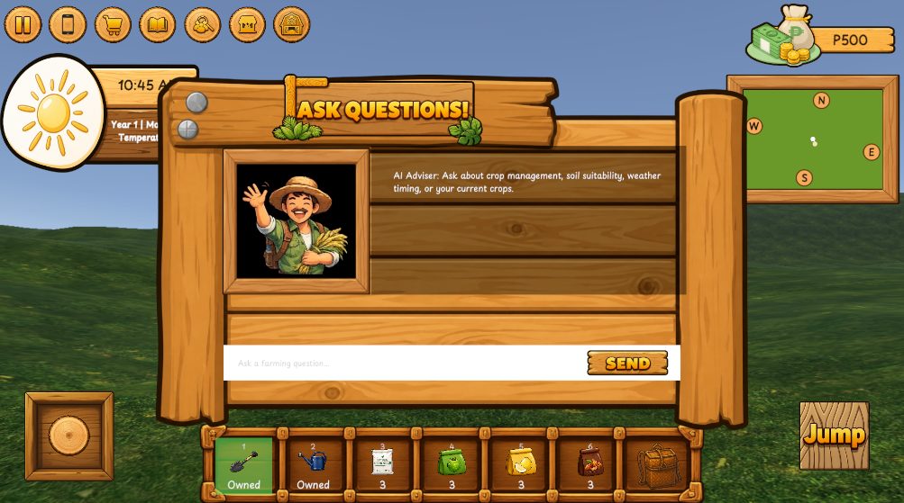 The AI Advisor panel inviting the player to ask a farming question