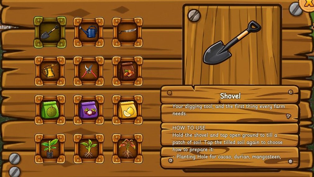 The Item Almanac open on the Shovel, showing its picture, what it is for and how to use it