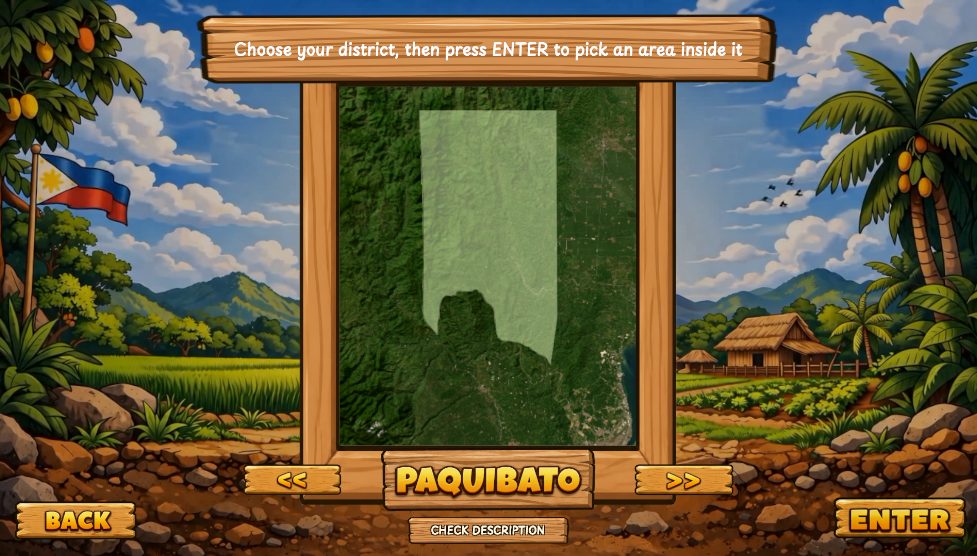 The district selection screen showing Paquibato on a satellite map
