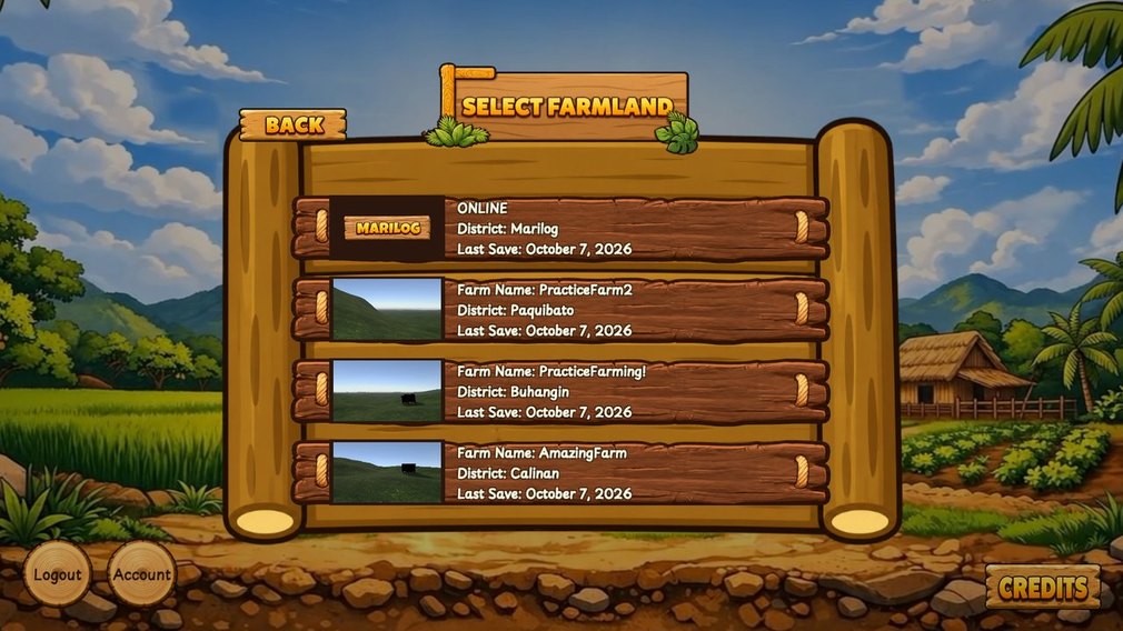 The Select Farmland screen listing one online farmland and three offline farmlands, each with its district and last save date