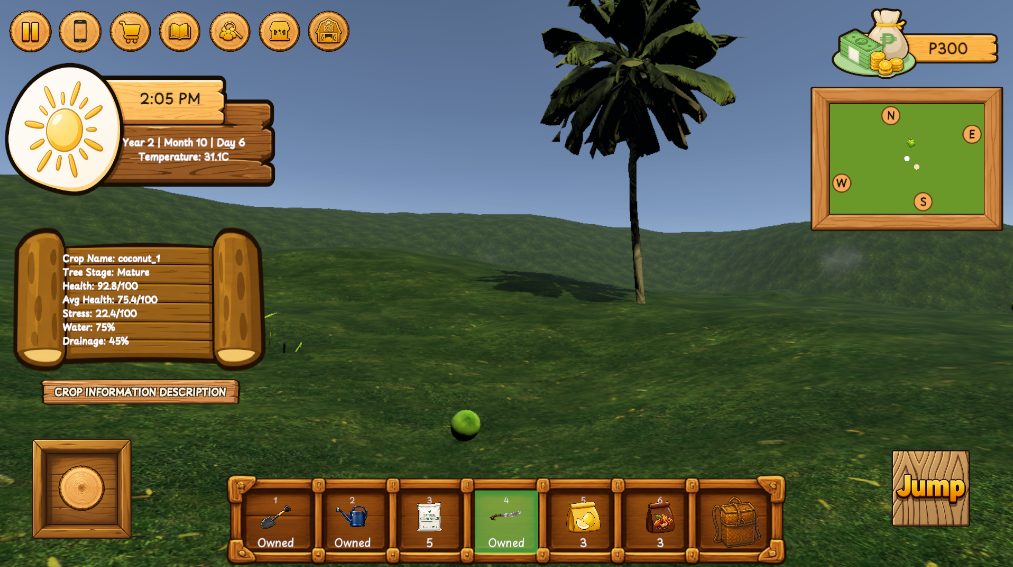 A mature coconut tree with its crop information panel showing health, stress and water