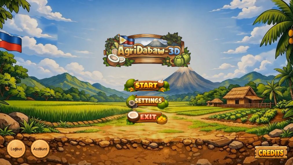 The AgriDabaw-3D main menu over a painted Davao landscape with Mount Apo