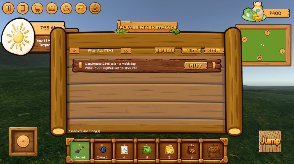 The player marketplace with an active listing for a mulch bag