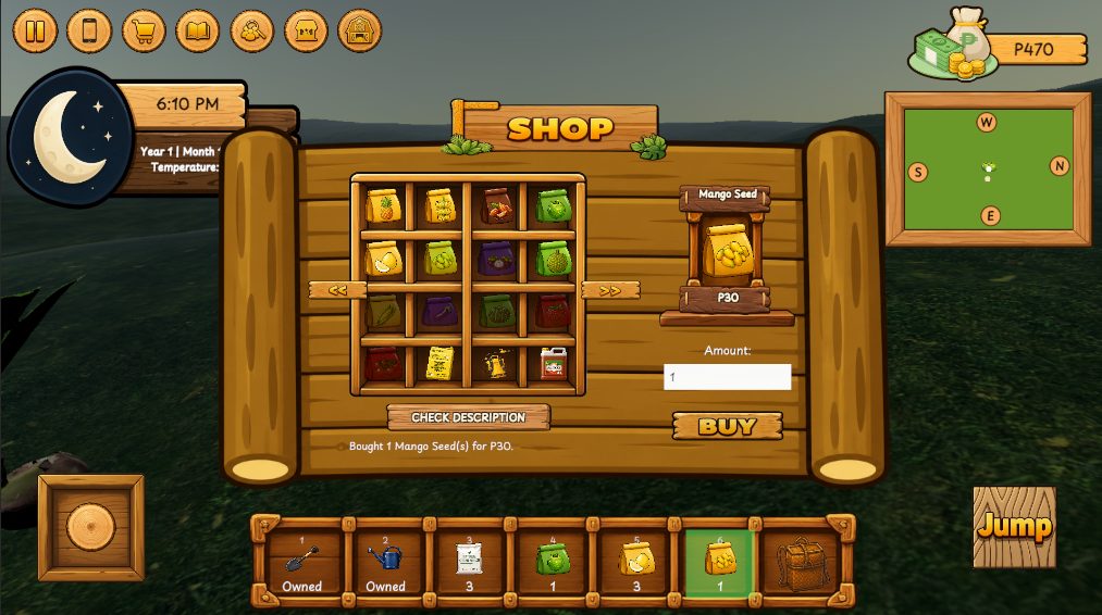 The in-game shop after buying seeds and tools