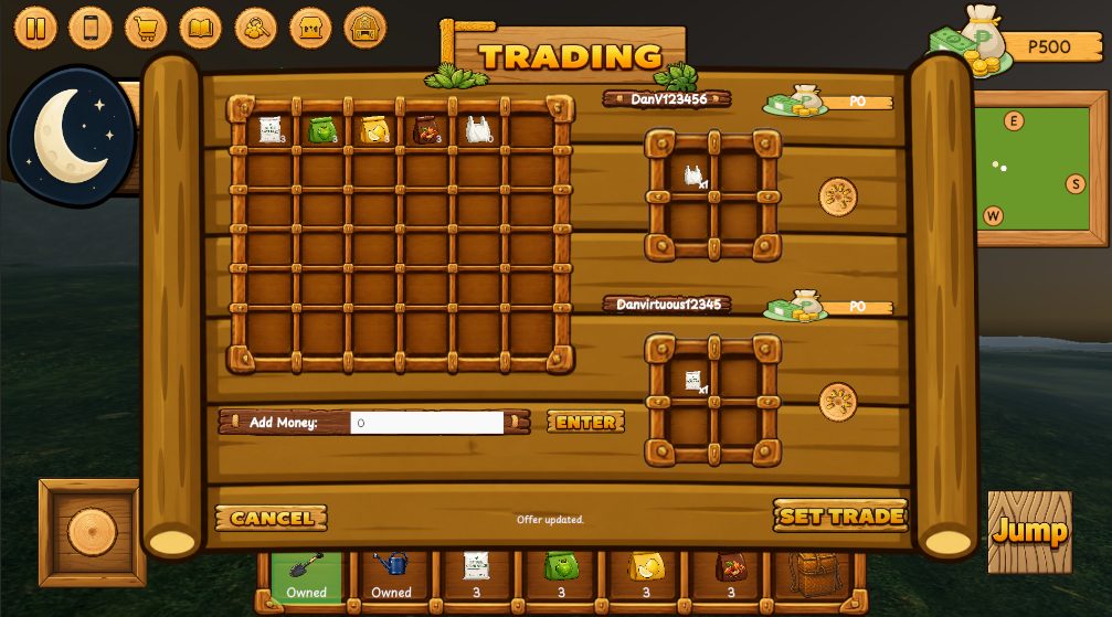 The trading screen with two players' offers and a money field